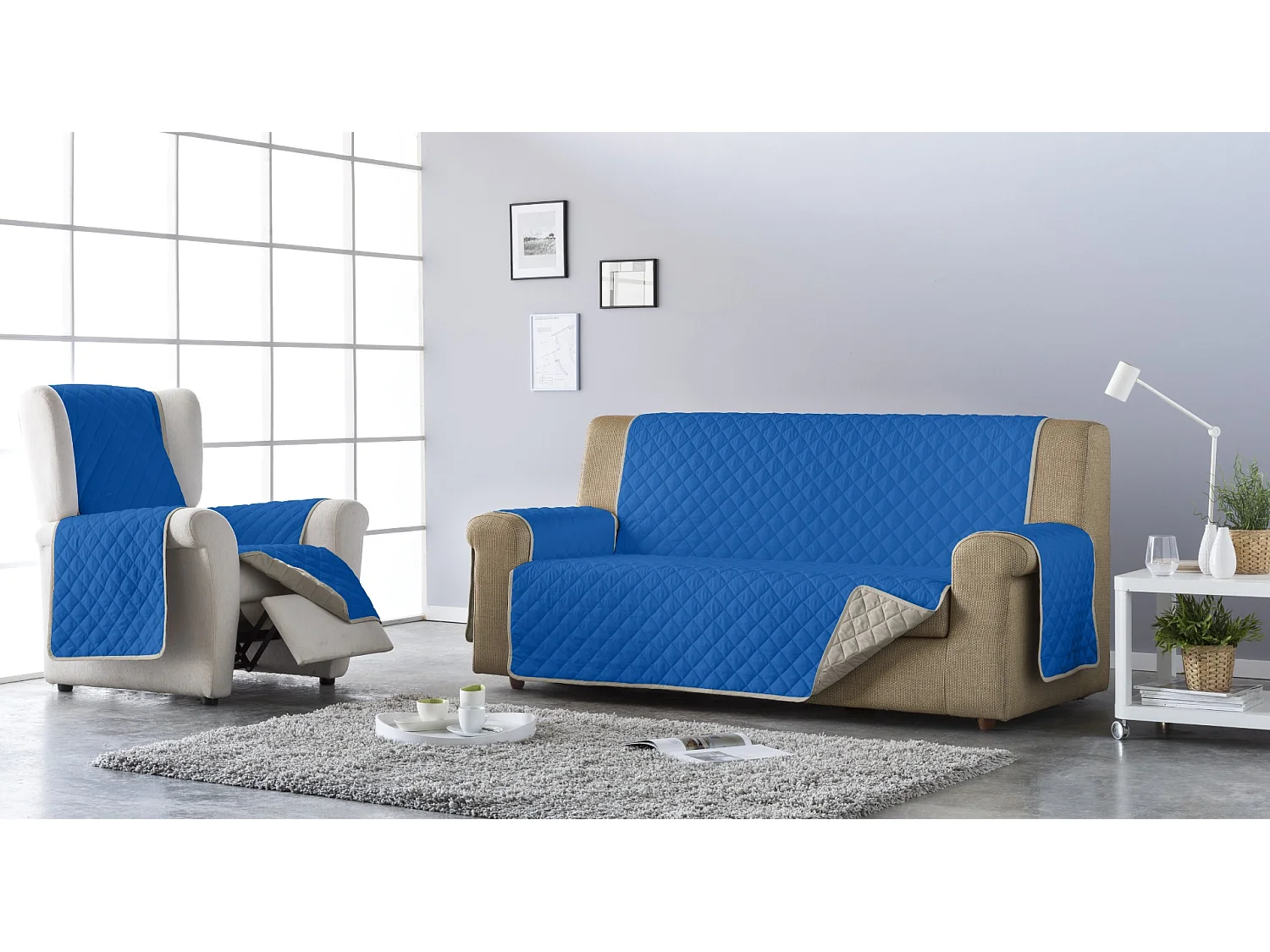 ESTORALIS | Cubre Sofá Acolchado Reversible | Para Sofa de 3 Plazas | Tela 150 x 210 cm | Modelo EDEN Color Gris/Azulina