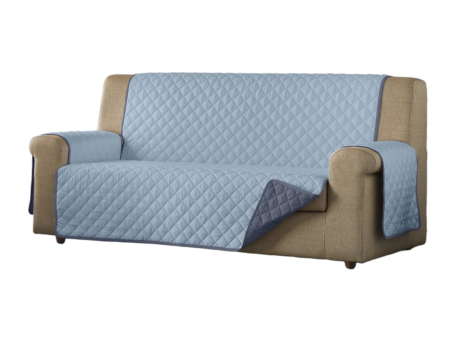 ESTORALIS | Cubre Sofá Acolchado Reversible | Para Sofa de 4 Plazas | Tela 190 x 210 cm | Modelo EDEN Color Celeste/Piedra