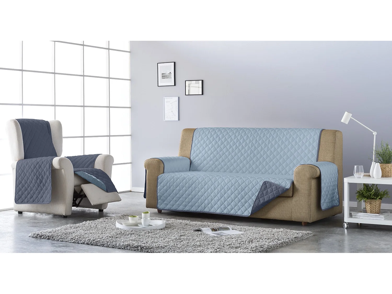 ESTORALIS | Cubre Sofá Acolchado Reversible | Para Sofa de 4 Plazas | Tela 190 x 210 cm | Modelo EDEN Color Celeste/Piedra