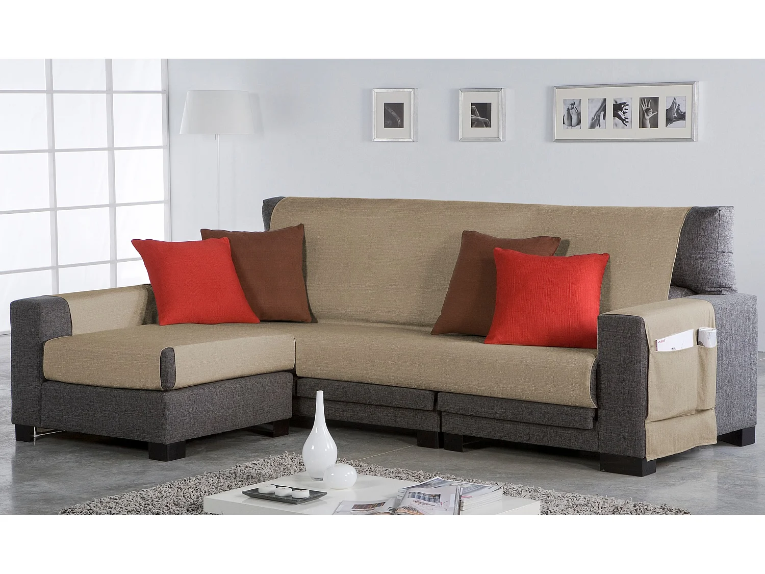 ESTORALIS | Cubre Sofá Tejido Jaquard Resistente | Chaisse Longue 210 cm Brazo Izquierdo | Tela 210 x 255 cm  | Modelo BERET Color Champagne