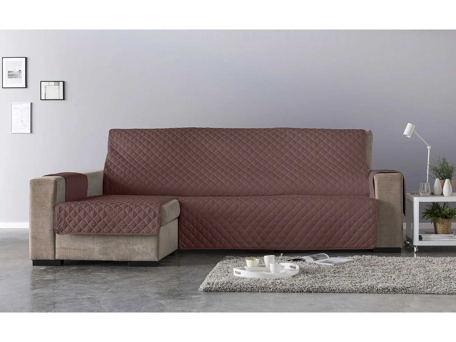 ESTORALIS | Cubre Sofá Acolchado  | Chaisse Longue 290 cm Brazo Izquierdo | Tela 290 x 255 cm | Modelo EDEN Color Marron