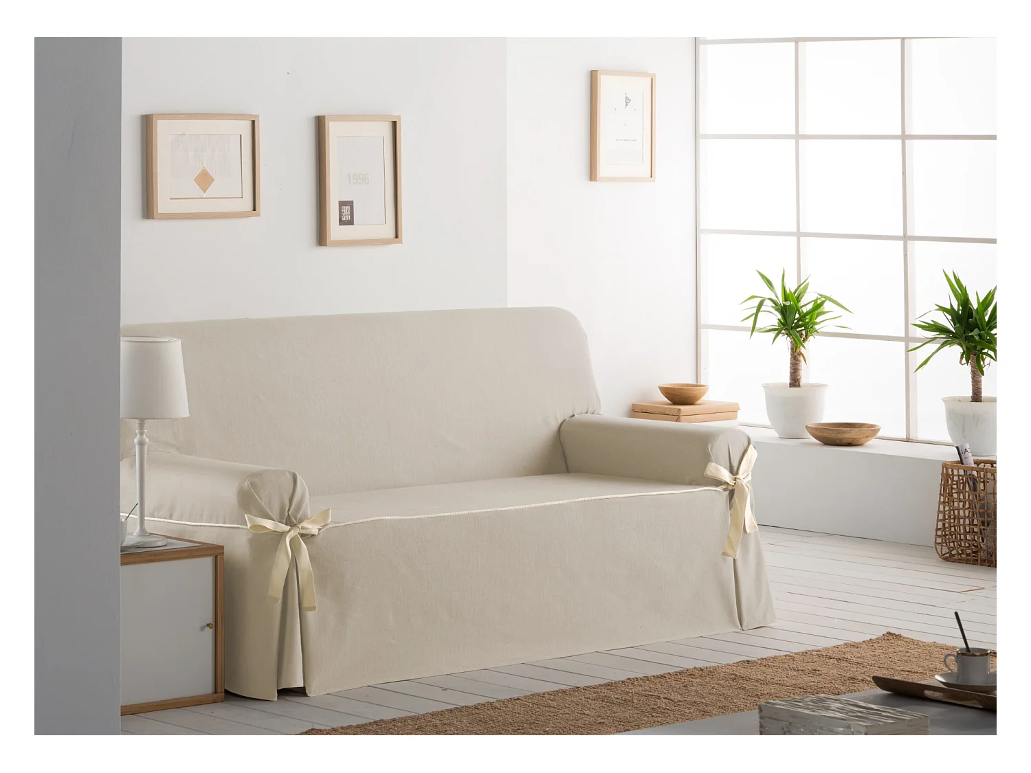 ESTORALIS | Funda Sofá Lazos Tejido Jaquard Resistente | Para Sofa de 2 Plazas | Tamaño ( de 140 a 170 cm. )  | Modelo BERET Color Lino