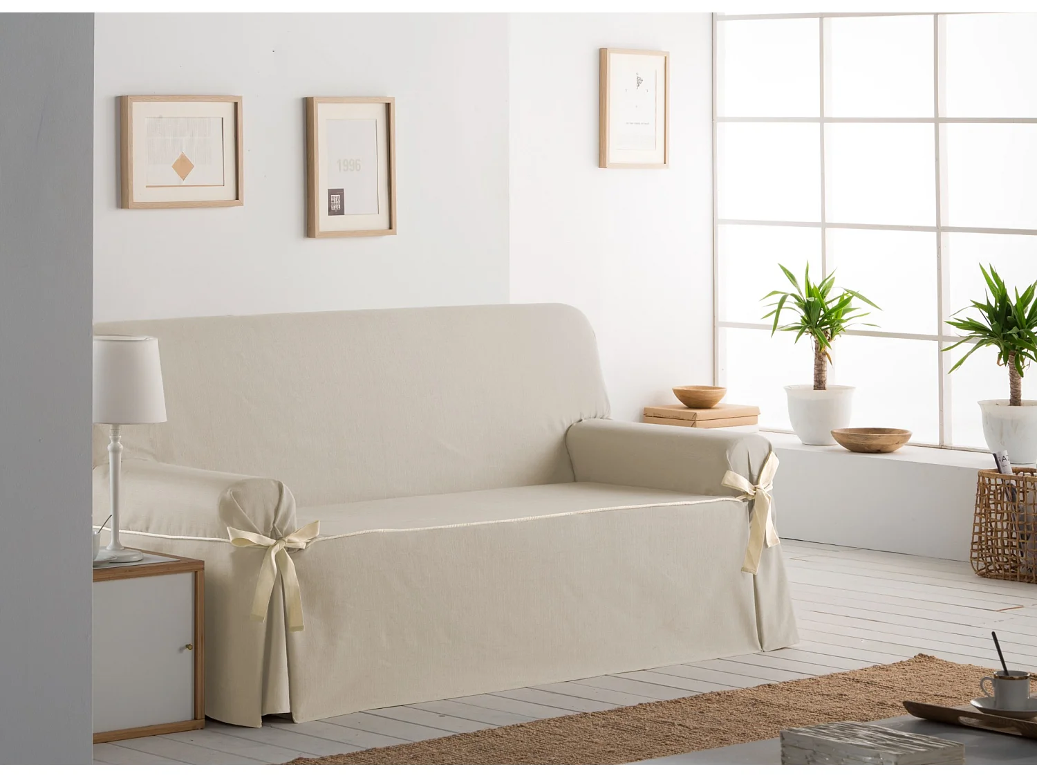 ESTORALIS | Funda Sofá Lazos Tejido Jaquard Resistente | Para Sofa de 2 Plazas | Tamaño ( de 140 a 170 cm. )  | Modelo BERET Color Lino