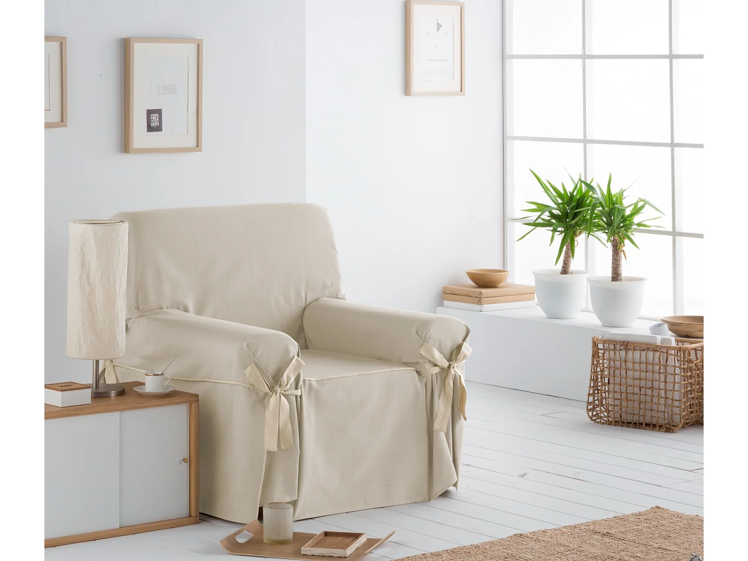 ESTORALIS | Funda Sofá Lazos Tejido Jaquard Resistente | Para Sofa de 2 Plazas | Tamaño ( de 140 a 170 cm. )  | Modelo BERET Color Lino