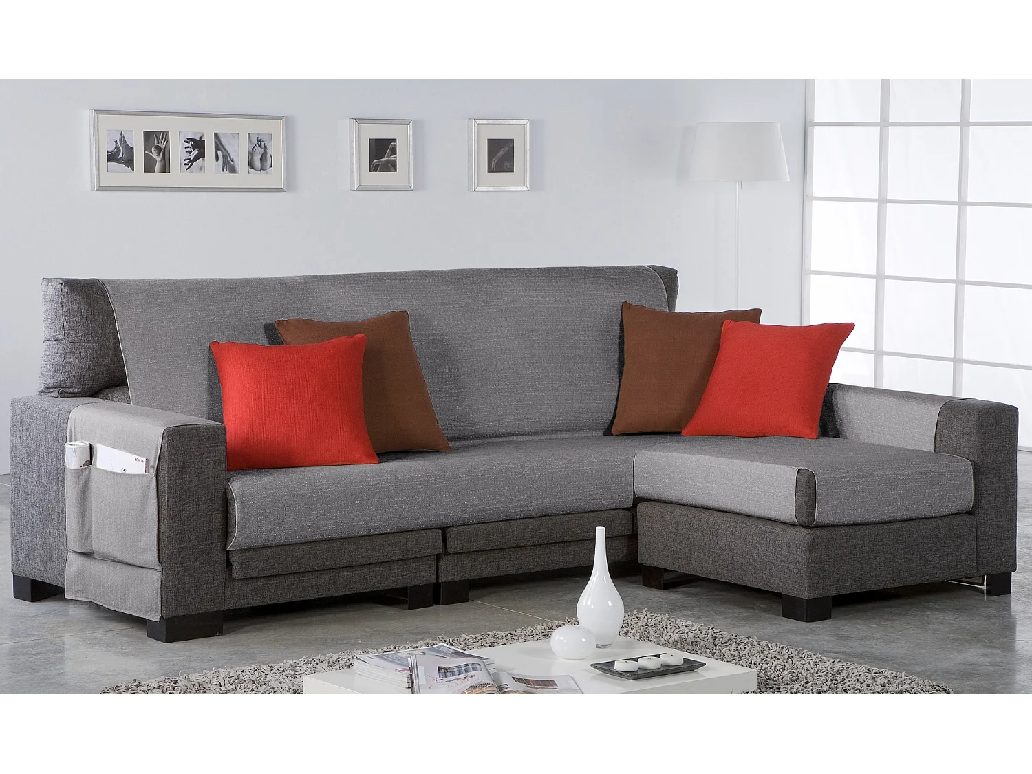 ESTORALIS | Cubre Sofá Tejido Jaquard Resistente | Chaisse Longue 275 cm Brazo Derecho | Tela 275 x 255 cm  | Modelo BERET Color Gris Marengo