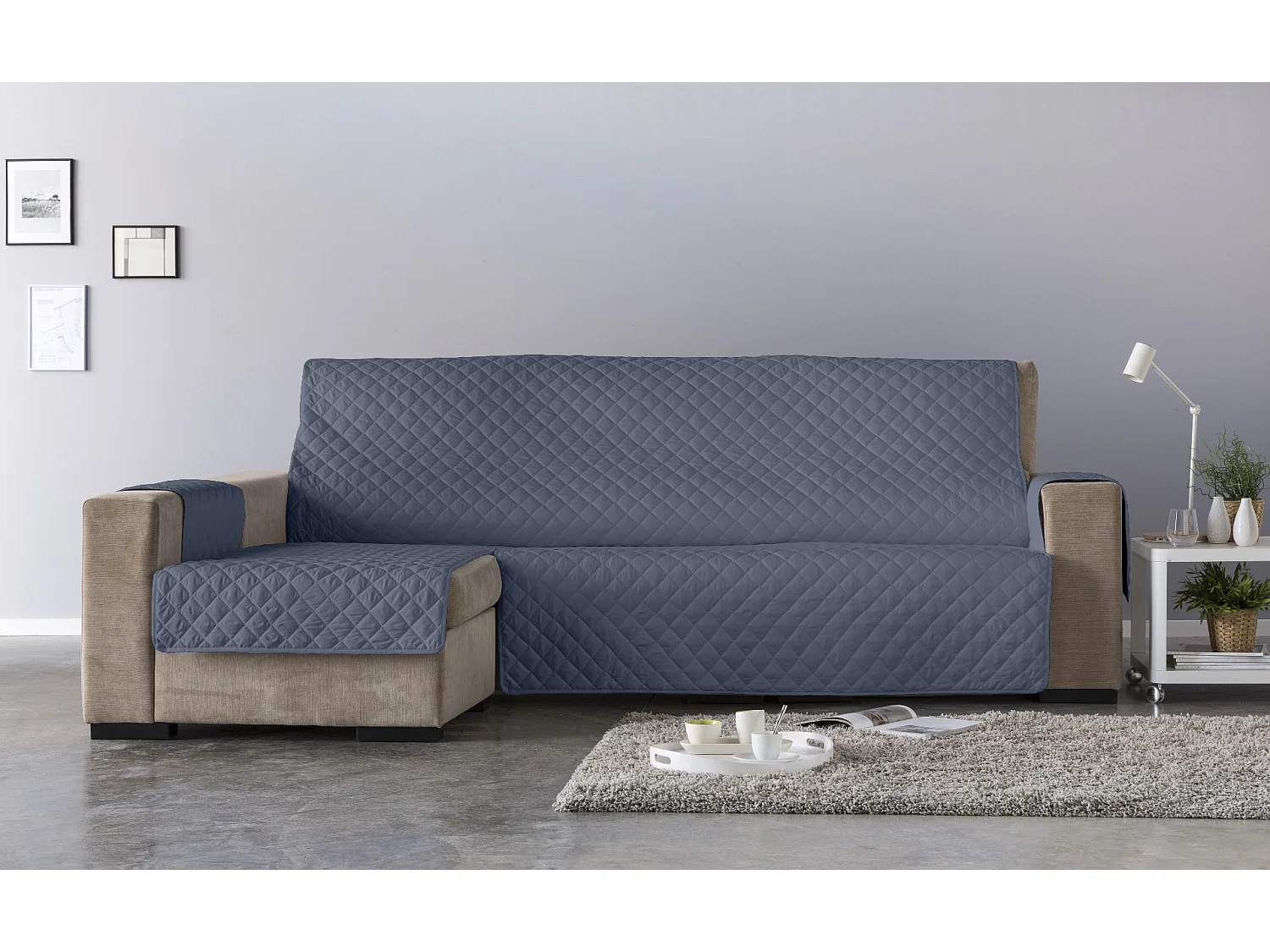 ESTORALIS | Cubre Sofá Acolchado  | Chaisse Longue 290 cm Brazo Izquierdo | Tela 290 x 255 cm | Modelo EDEN Color Piedra