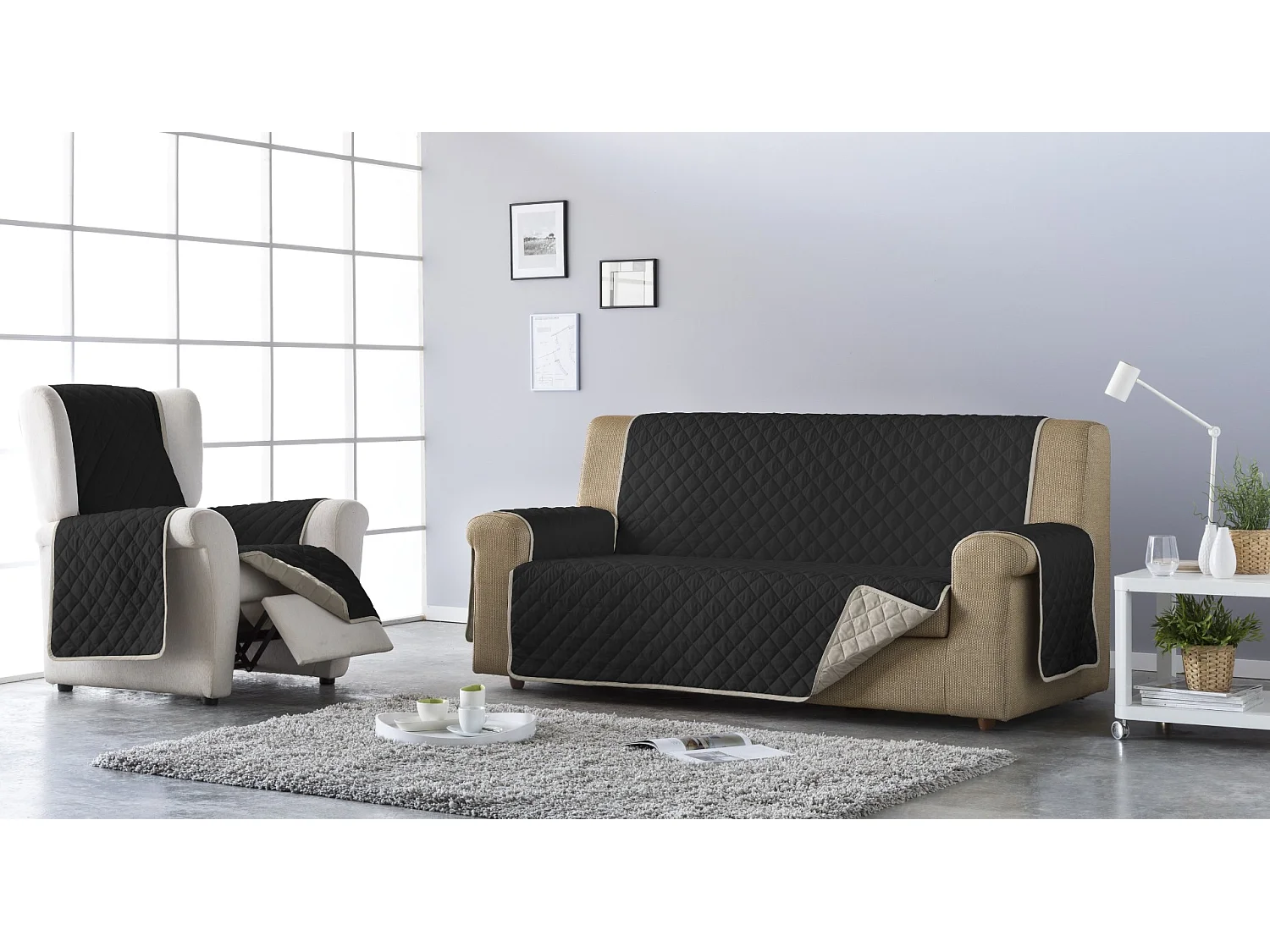 ESTORALIS | Cubre Sofá Acolchado Reversible | Para Sofa de 4 Plazas | Tela 190 x 210 cm | Modelo EDEN Color Gris/Negro