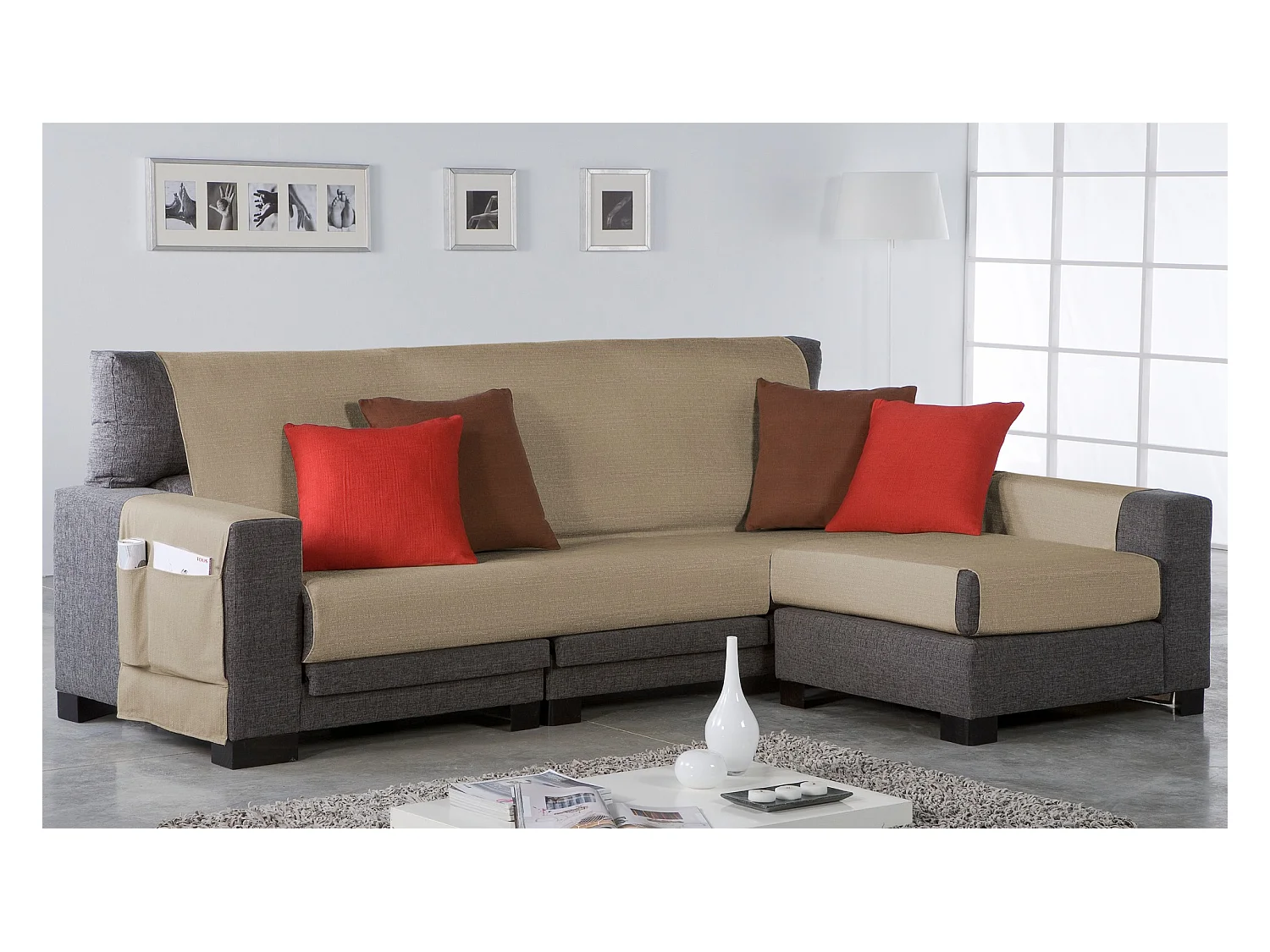 ESTORALIS | Cubre Sofá Tejido Jaquard Resistente | Chaisse Longue 210 cm Brazo Derecho | Tela 210 x 255 cm  | Modelo BERET Color Champagne