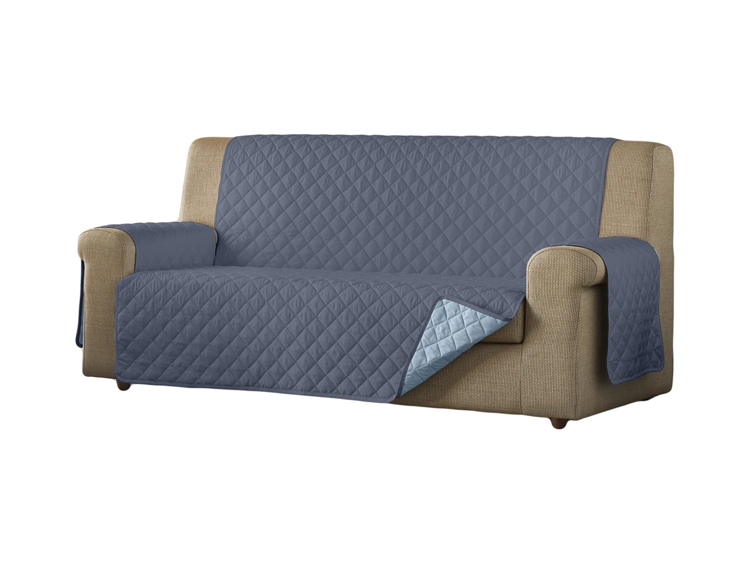 ESTORALIS | Cubre Sofá Acolchado Reversible | Para Sofa de 3 Plazas | Tela 150 x 210 cm | Modelo EDEN Color Celeste/Piedra