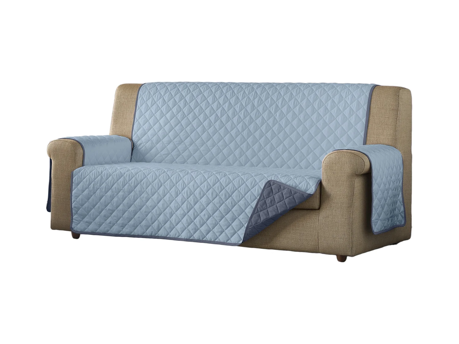 ESTORALIS | Cubre Sofá Acolchado Reversible | Para Sofa de 3 Plazas | Tela 150 x 210 cm | Modelo EDEN Color Celeste/Piedra
