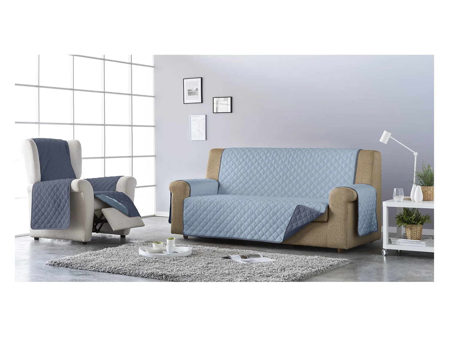 ESTORALIS | Cubre Sofá Acolchado Reversible | Para Sofa de 3 Plazas | Tela 150 x 210 cm | Modelo EDEN Color Celeste/Piedra