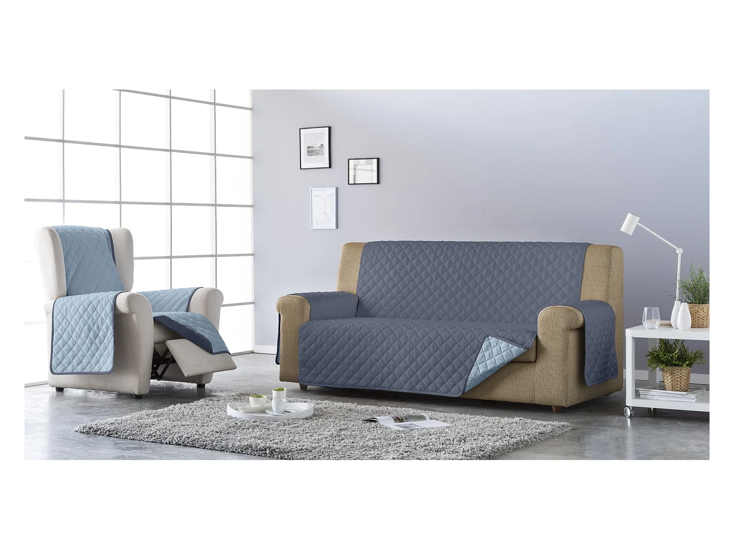 ESTORALIS | Cubre Sofá Acolchado Reversible | Para Sofa de 3 Plazas | Tela 150 x 210 cm | Modelo EDEN Color Celeste/Piedra