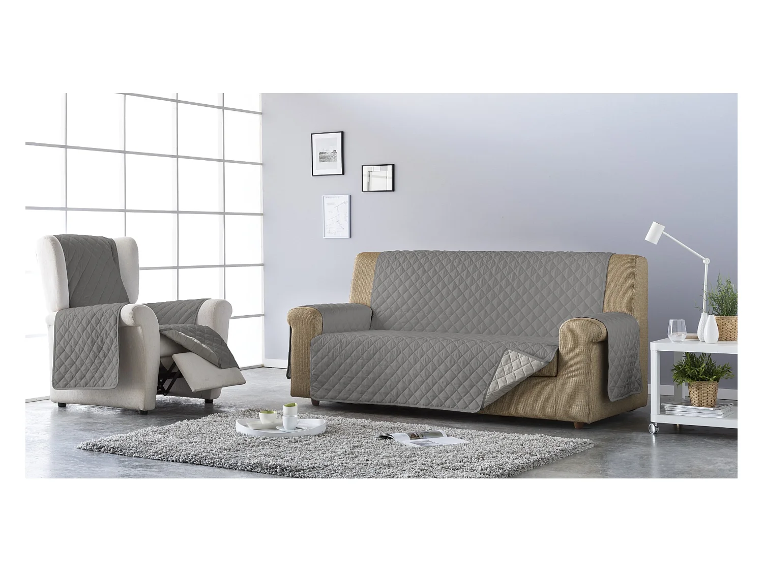 ESTORALIS | Cubre Sofá Acolchado Reversible | Para Sofa de 2 Plazas | Tela 110 x 210 cm | Modelo EDEN Color Beige/Taupe