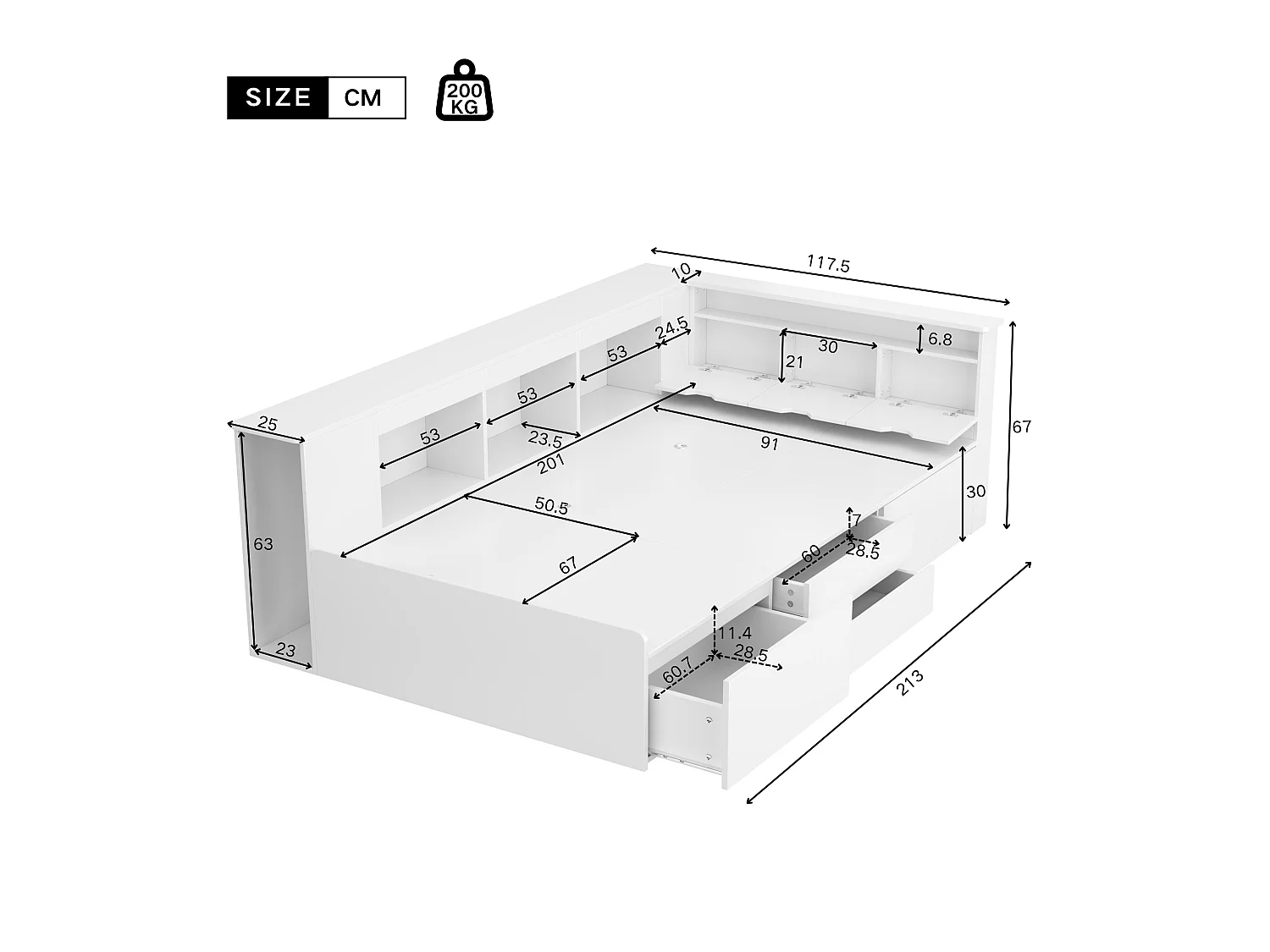 Einzelbett 90x200cm aus Massivholz - mit multifunktionalem Stauraum - Weiß