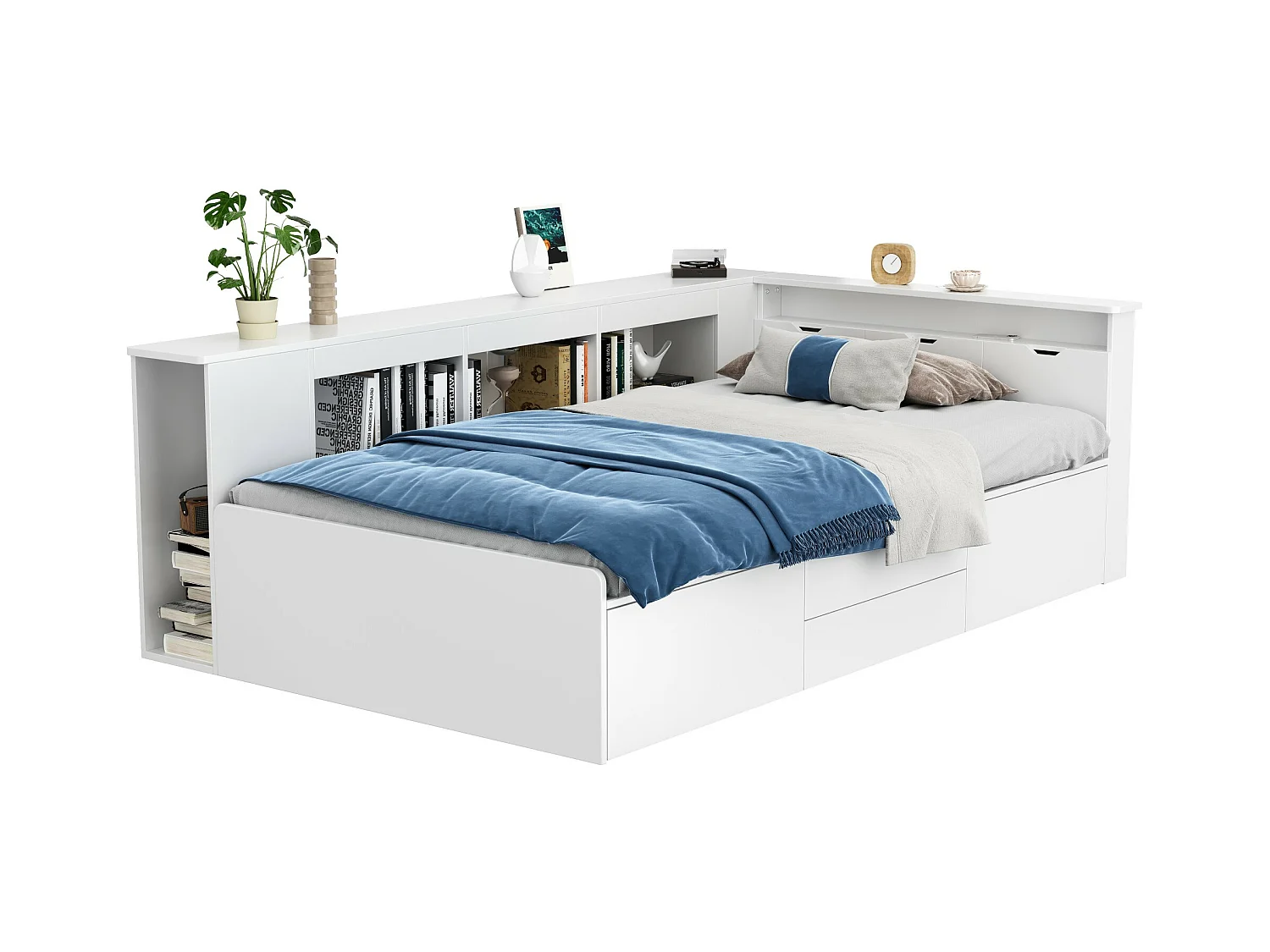 Einzelbett 90x200cm aus Massivholz - mit multifunktionalem Stauraum - Weiß