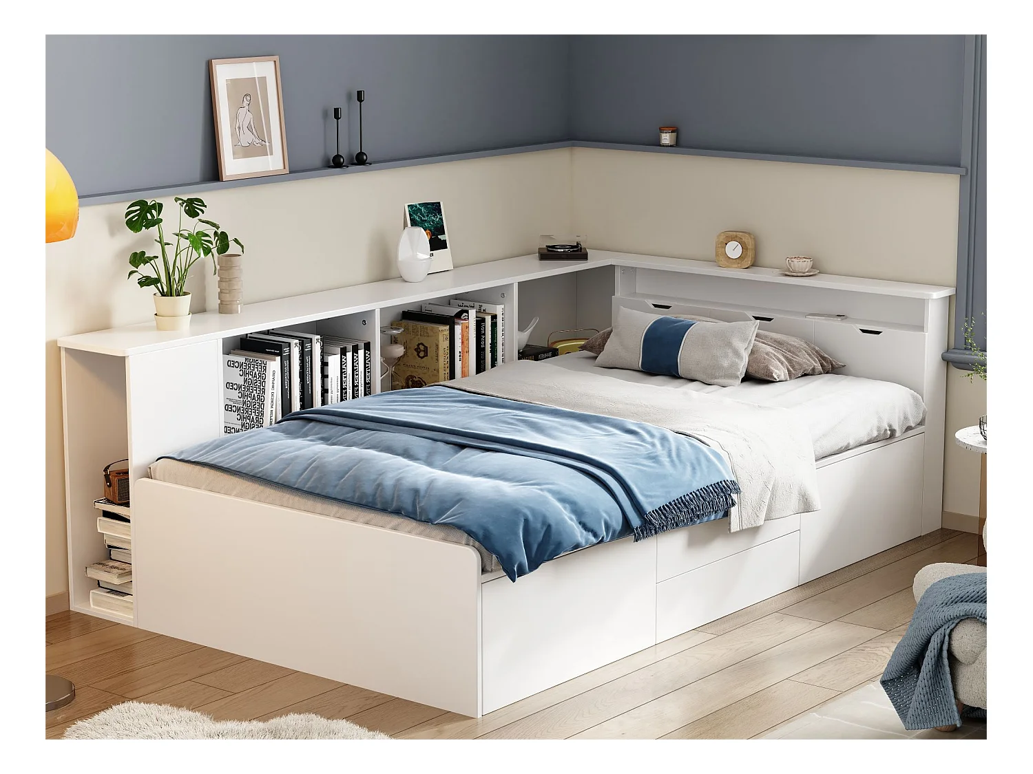 Lit simple 90x200cm en bois massif - avec rangements multifonctions - Blanc