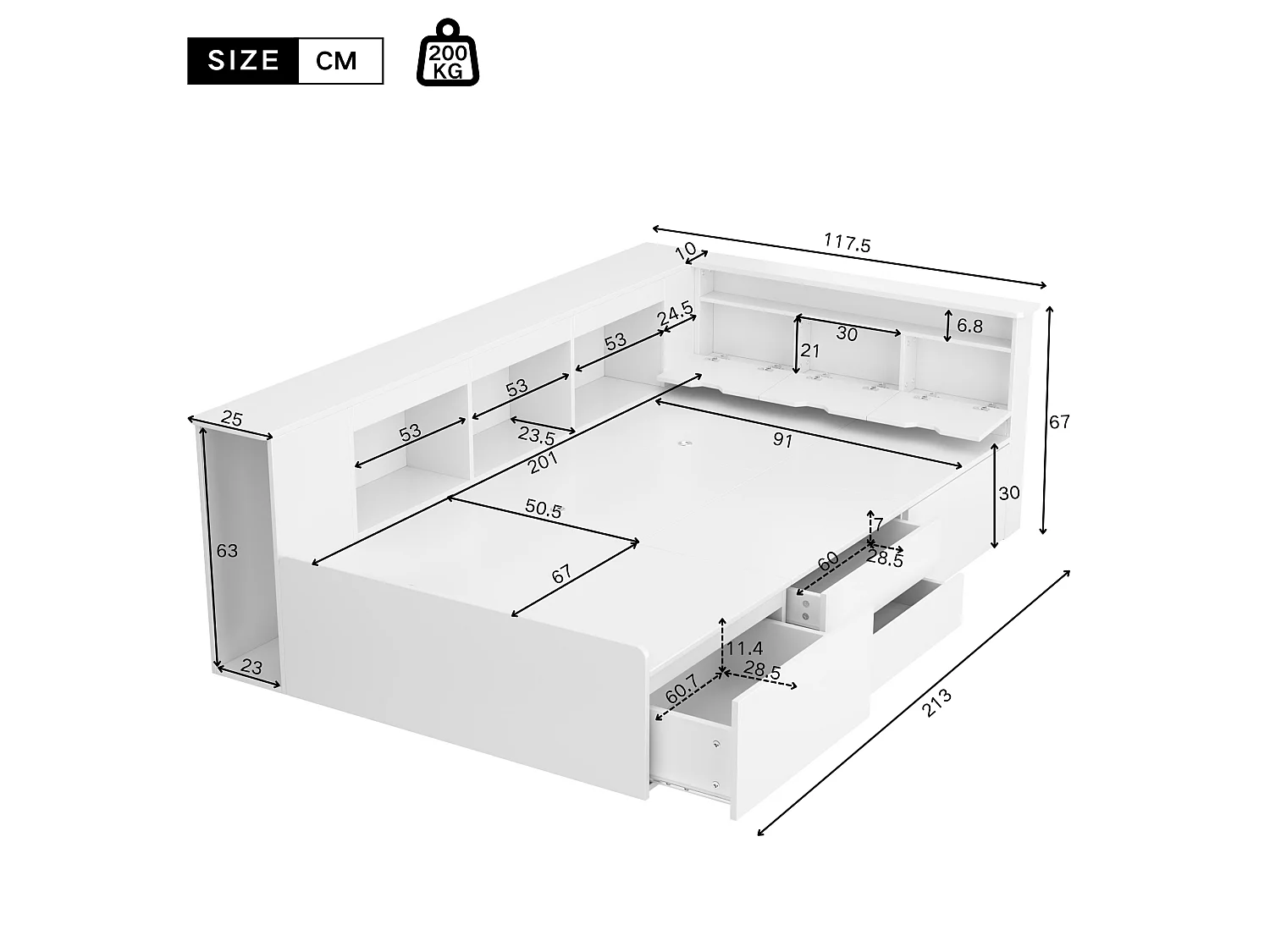 Lit simple 90x200cm en bois massif - avec rangements multifonctions - Blanc