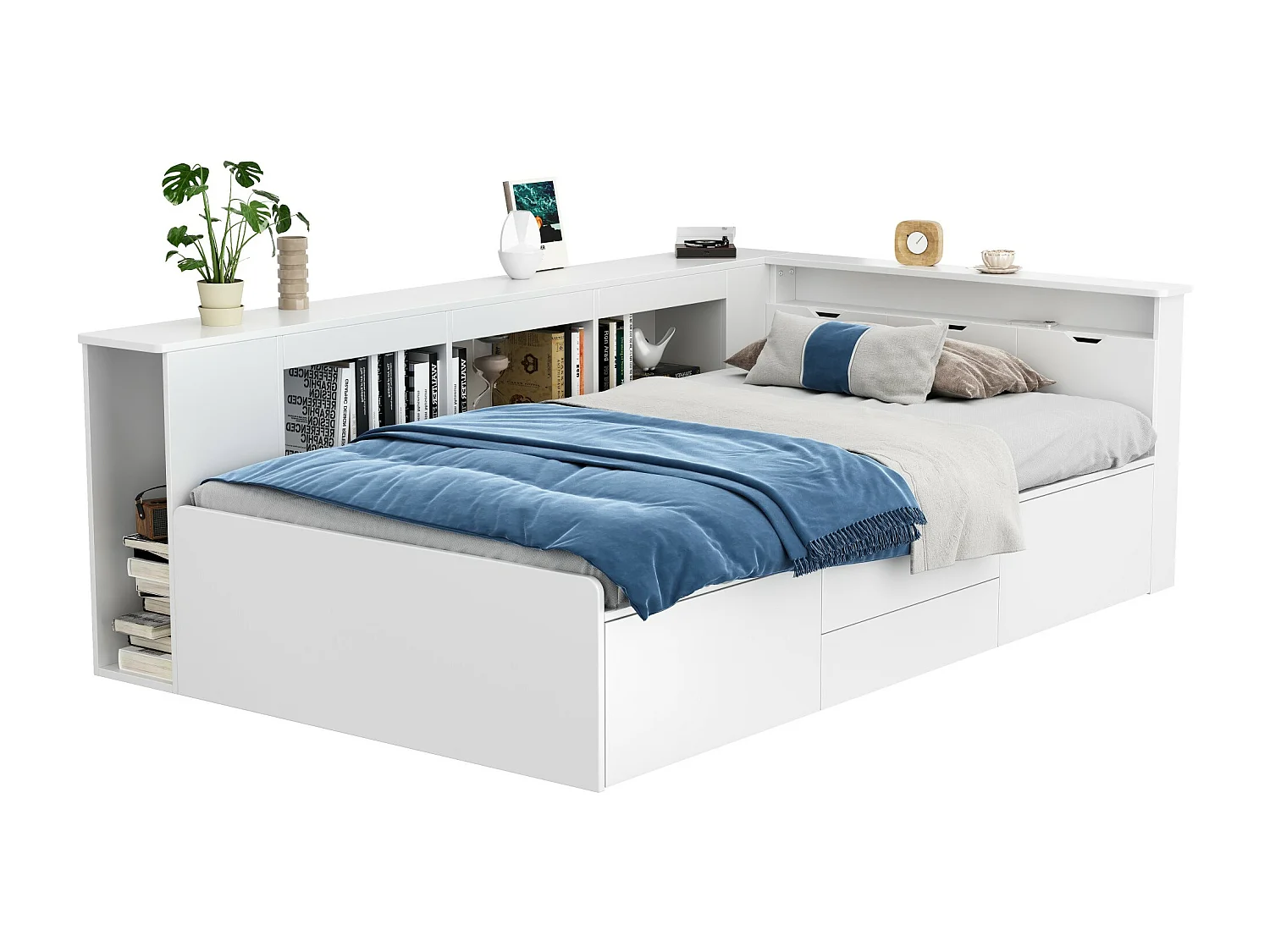 Lit simple 90x200cm en bois massif - avec rangements multifonctions - Blanc