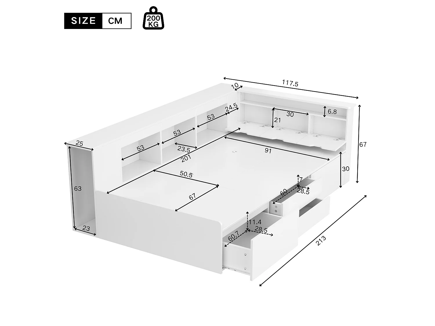 Einzelbett 90x200cm aus Massivholz - mit multifunktionalem Stauraum - Weiß