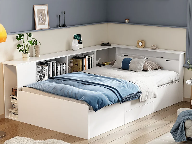 Lit simple 90x200cm en bois massif - avec rangements multifonctions - Blanc