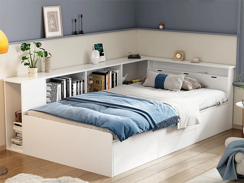 Lit simple 90x200cm en bois massif - avec rangements multifonctions - Blanc