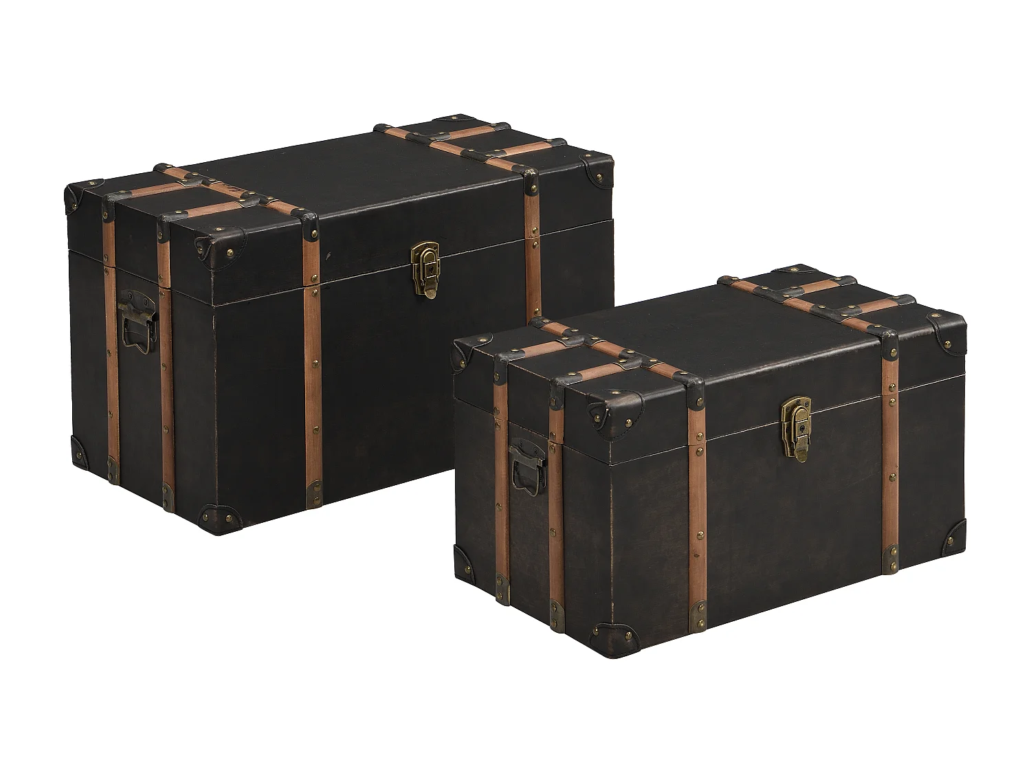 Lot de 2 malles en bois et MDF - Revêtement en simili - L. 64 x P. 39 x H. 34 cm et L. 54 x P. 30 x H. 30 cm - Marron foncé - MAHALIA