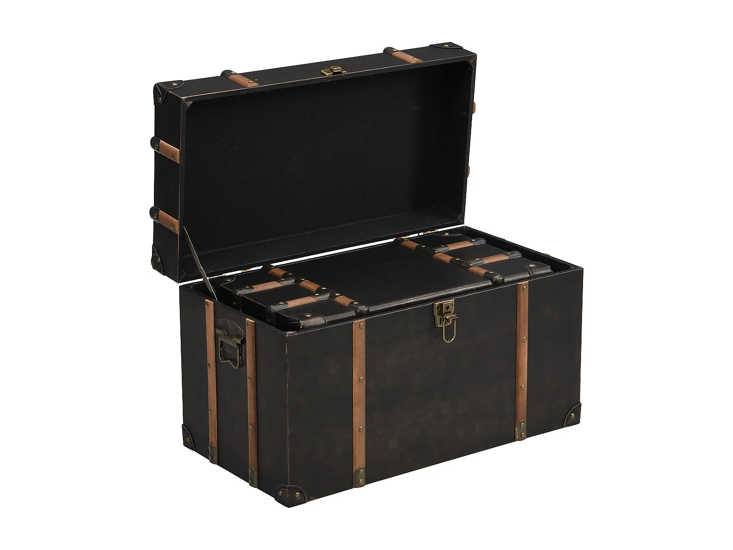 Lot de 2 malles en bois et MDF - Revêtement en simili - L. 64 x P. 39 x H. 34 cm et L. 54 x P. 30 x H. 30 cm - Marron foncé - MAHALIA