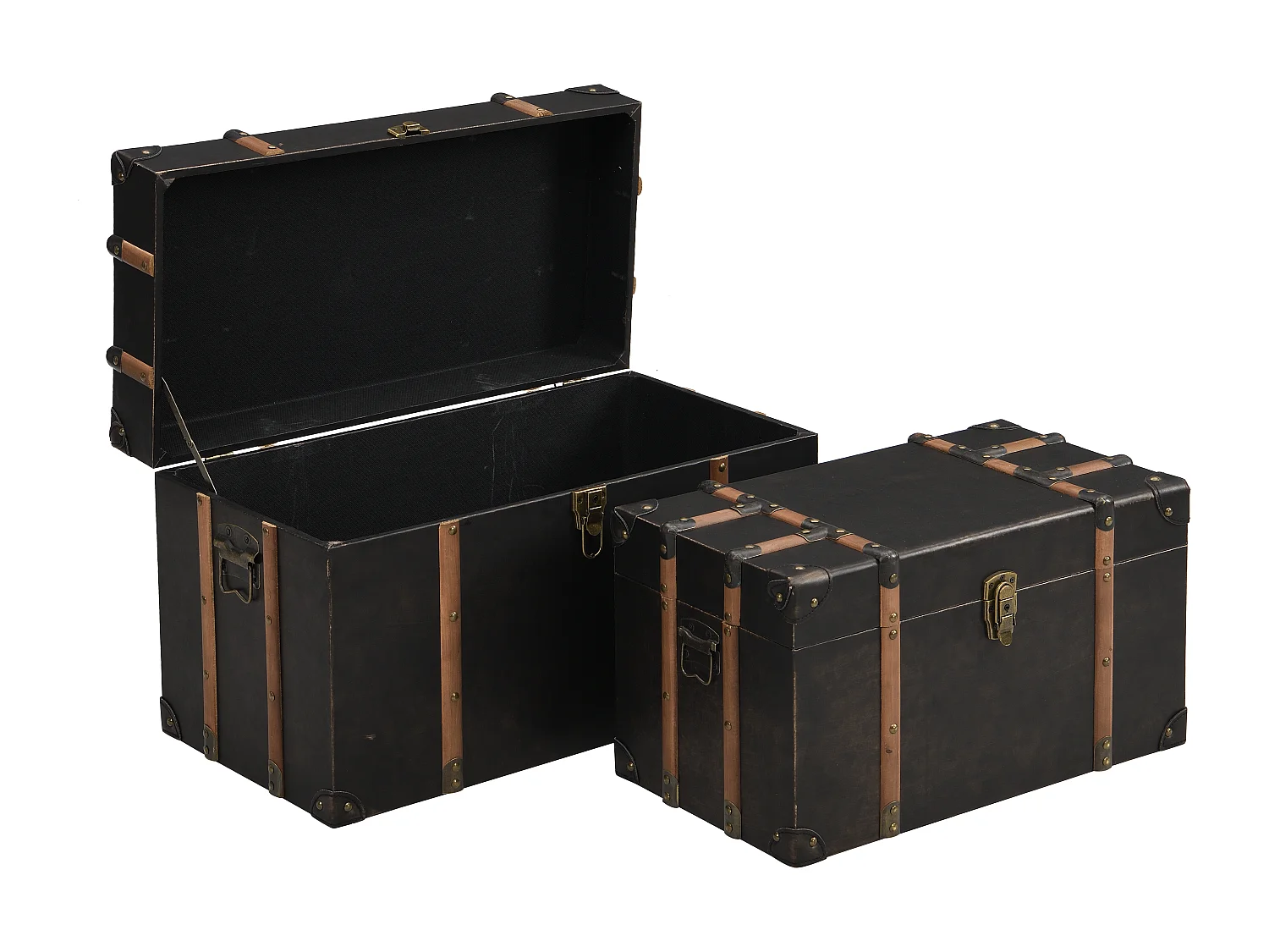 Lot de 2 malles en bois et MDF - Revêtement en simili - L. 64 x P. 39 x H. 34 cm et L. 54 x P. 30 x H. 30 cm - Marron foncé - MAHALIA