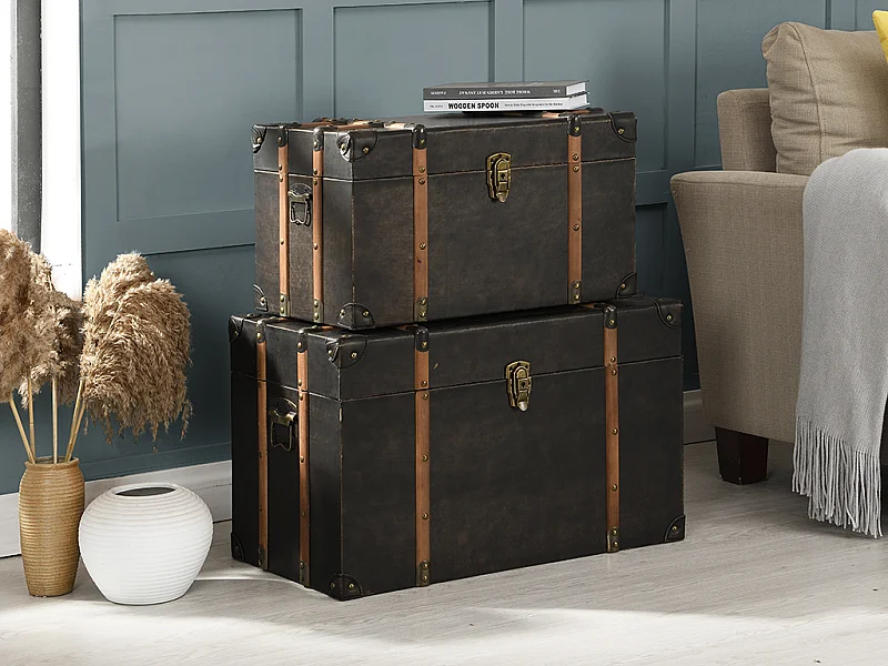 Koffer zur Aufbewahrung 2er-Set - Holz und MDF - Bezug aus Kunstleder - 64 x 39 x 34 cm et 54 x 30 x 30 cm - Dunkelbraun - MAHALIA