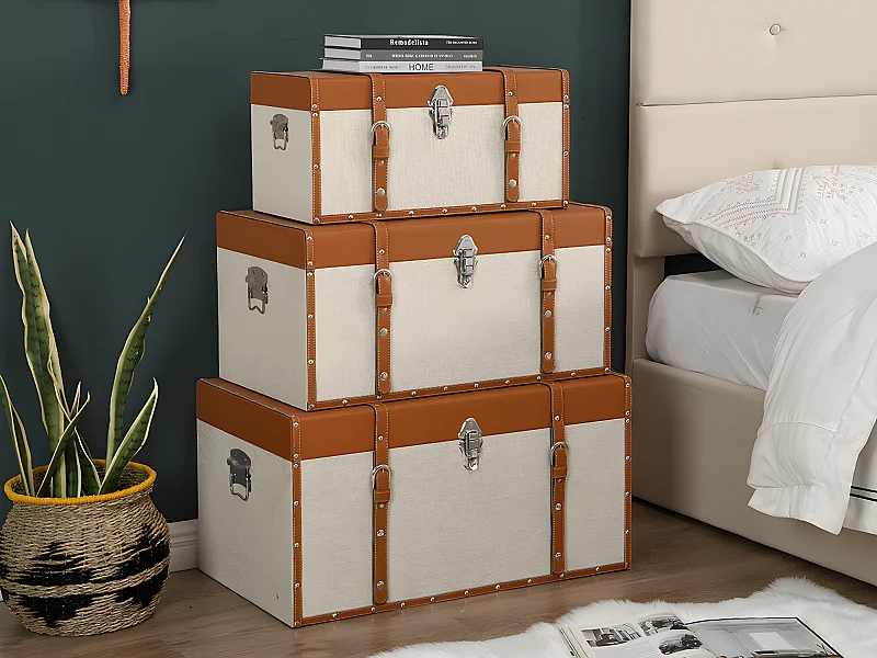 Lot de 3 malles en bois de sapin et MDF - Revêtement en simili et tissu - 3 tailles - Marron et taupe- JACINTO