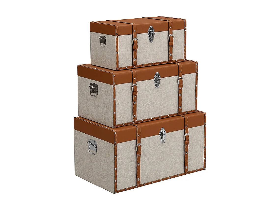 Koffer zur Aufbewahrung 3er-Set - Tannenholz und MDF - Bezug aus Kunstleder und Stoff - 3 Größen - Braun und Taupe - JACINTO