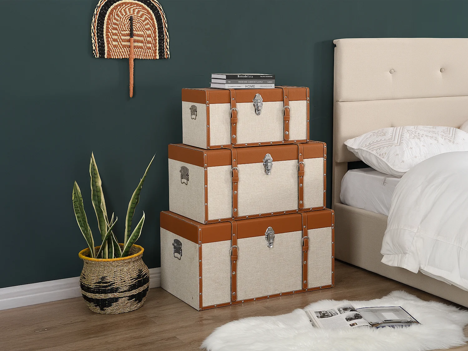 Lot de 3 malles en bois de sapin et MDF - Revêtement en simili et tissu - 3 tailles - Marron et taupe- JACINTO
