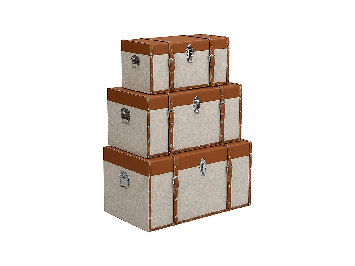 Lot de 3 malles en bois de sapin et MDF - Revêtement en simili et tissu - 3 tailles - Marron et taupe- JACINTO