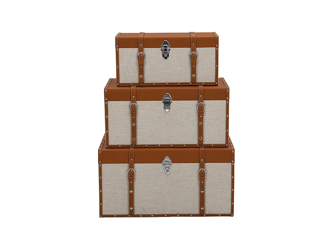 Lot de 3 malles en bois de sapin et MDF - Revêtement en simili et tissu - 3 tailles - Marron et taupe- JACINTO