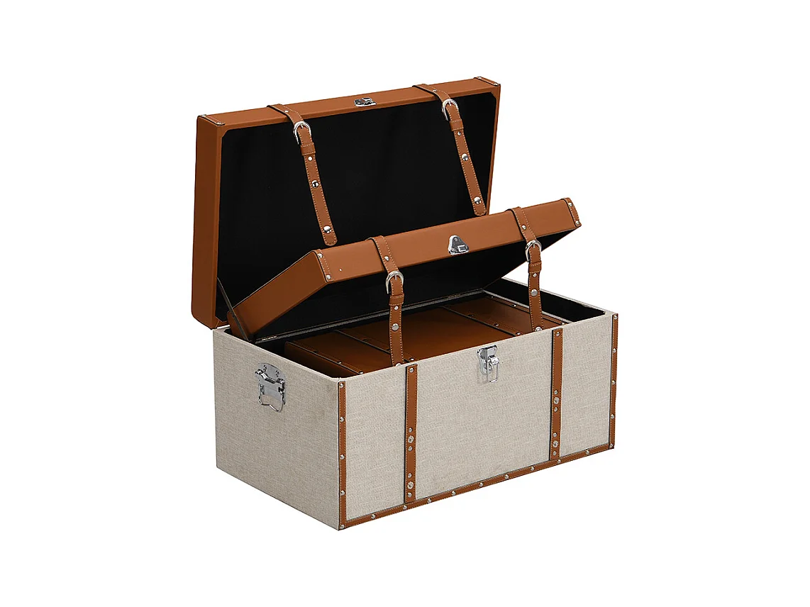Lot de 3 malles en bois de sapin et MDF - Revêtement en simili et tissu - 3 tailles - Marron et taupe- JACINTO