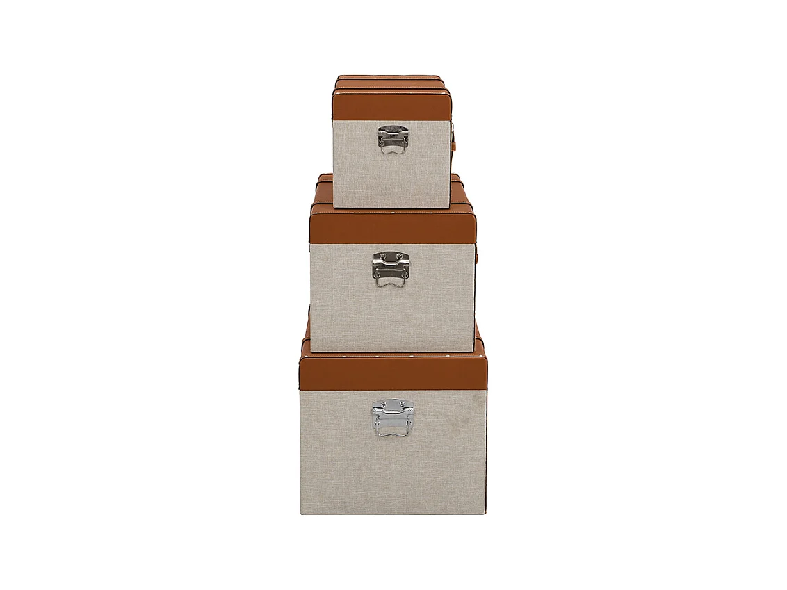Lot de 3 malles en bois de sapin et MDF - Revêtement en simili et tissu - 3 tailles - Marron et taupe- JACINTO