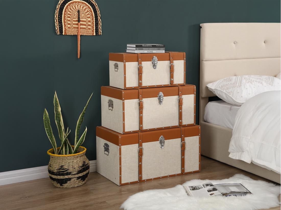 vente unique Lot de 3 malles en bois de sapin et MDF - Revêtement en simili et tissu - 3 tailles - Marron et taupe- JACINTO