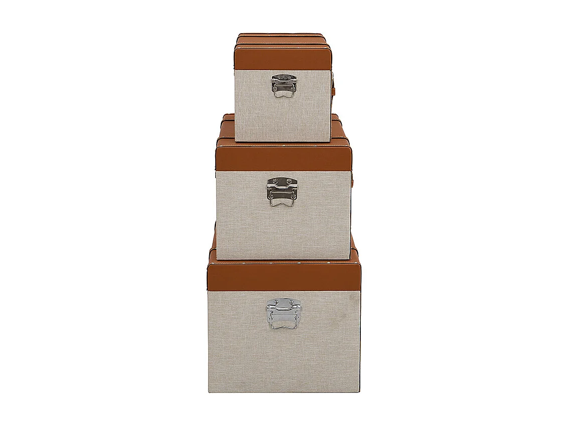 Set om 3 stapelbara kistor taupe tyg och brun konstläder ESPARTA