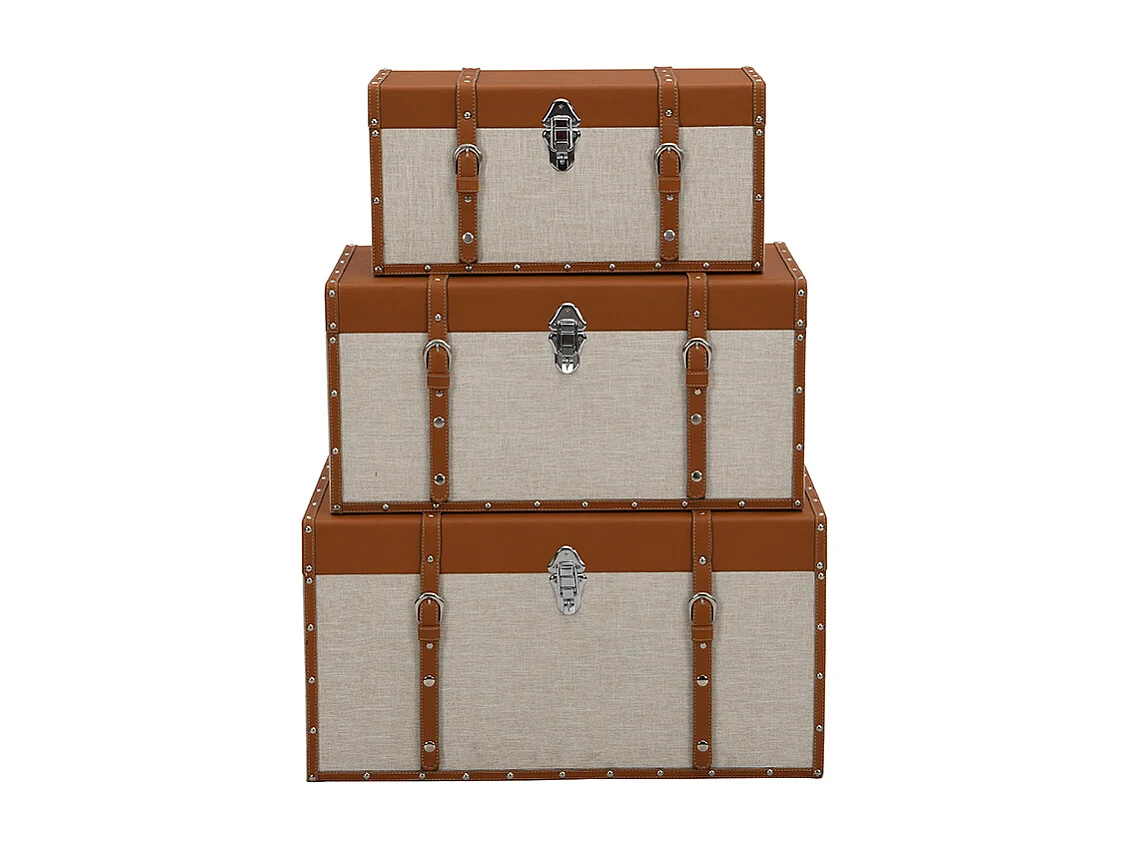 Set om 3 stapelbara kistor taupe tyg och brun konstläder ESPARTA