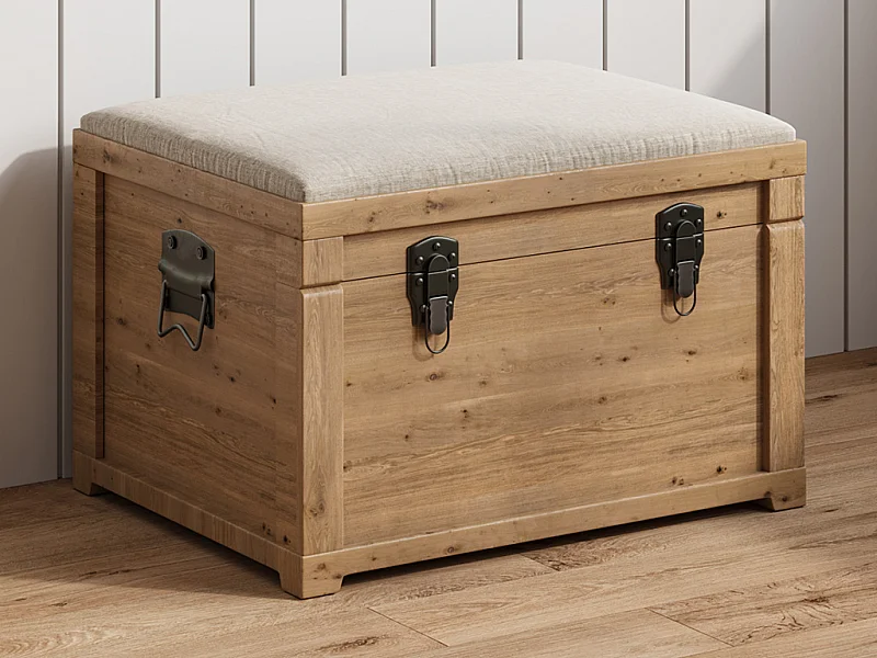 Baúl banco con cojín de lino - L. 80 x P. 40 x A. 53 cm - Natural y beige - TURZA