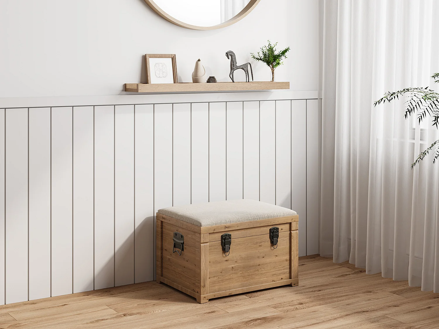 Banktruhe mit Leinenkissen - 80 x 40 x 53 cm - Holzfarben & Beige - TURZA