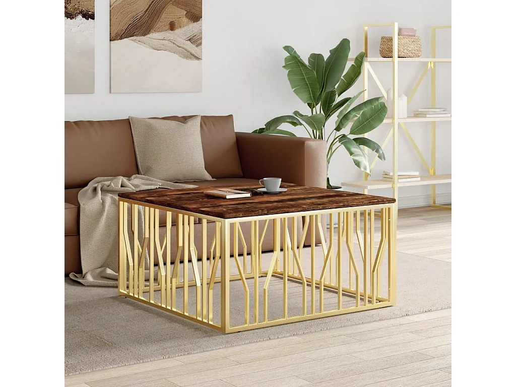 Salontafel roestvrijstaal en massief gerecycled hout goudkleur