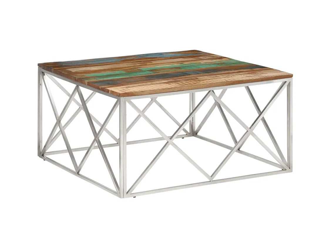 Table basse argenté inox et bois de récupération massif