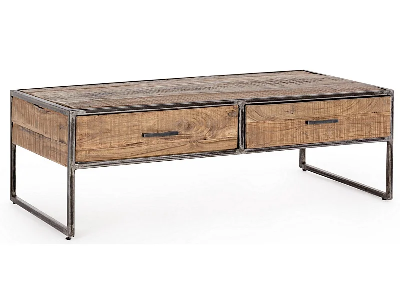 Rechthoekige salontafel met 2 laden in acaciahout op 2 verouderde stalen poten Kadone 120 cm