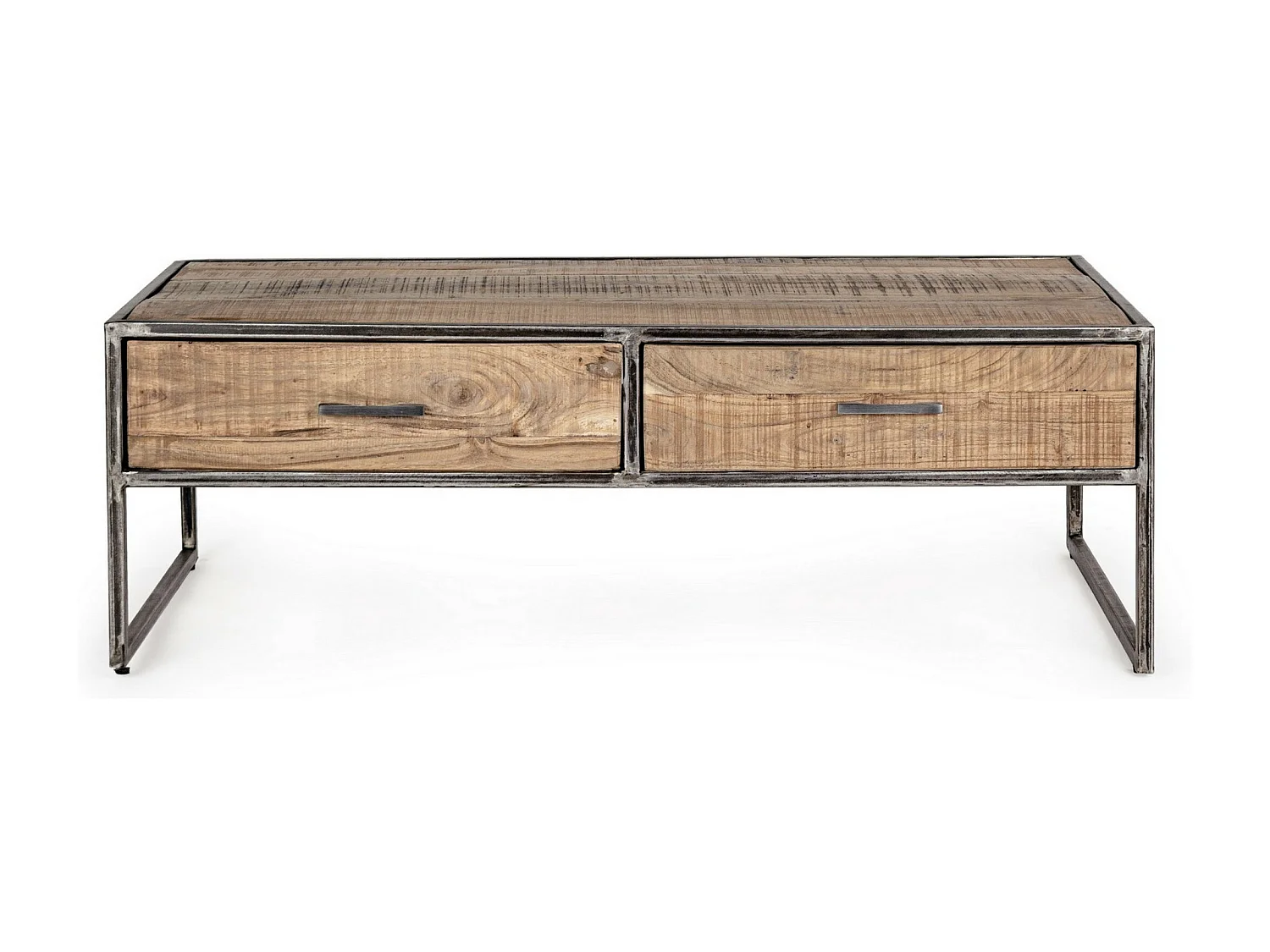 Table basse rectangulaire 2 tiroirs en bois d'acacia sur 2 pieds acier vieilli Kadone 120cm
