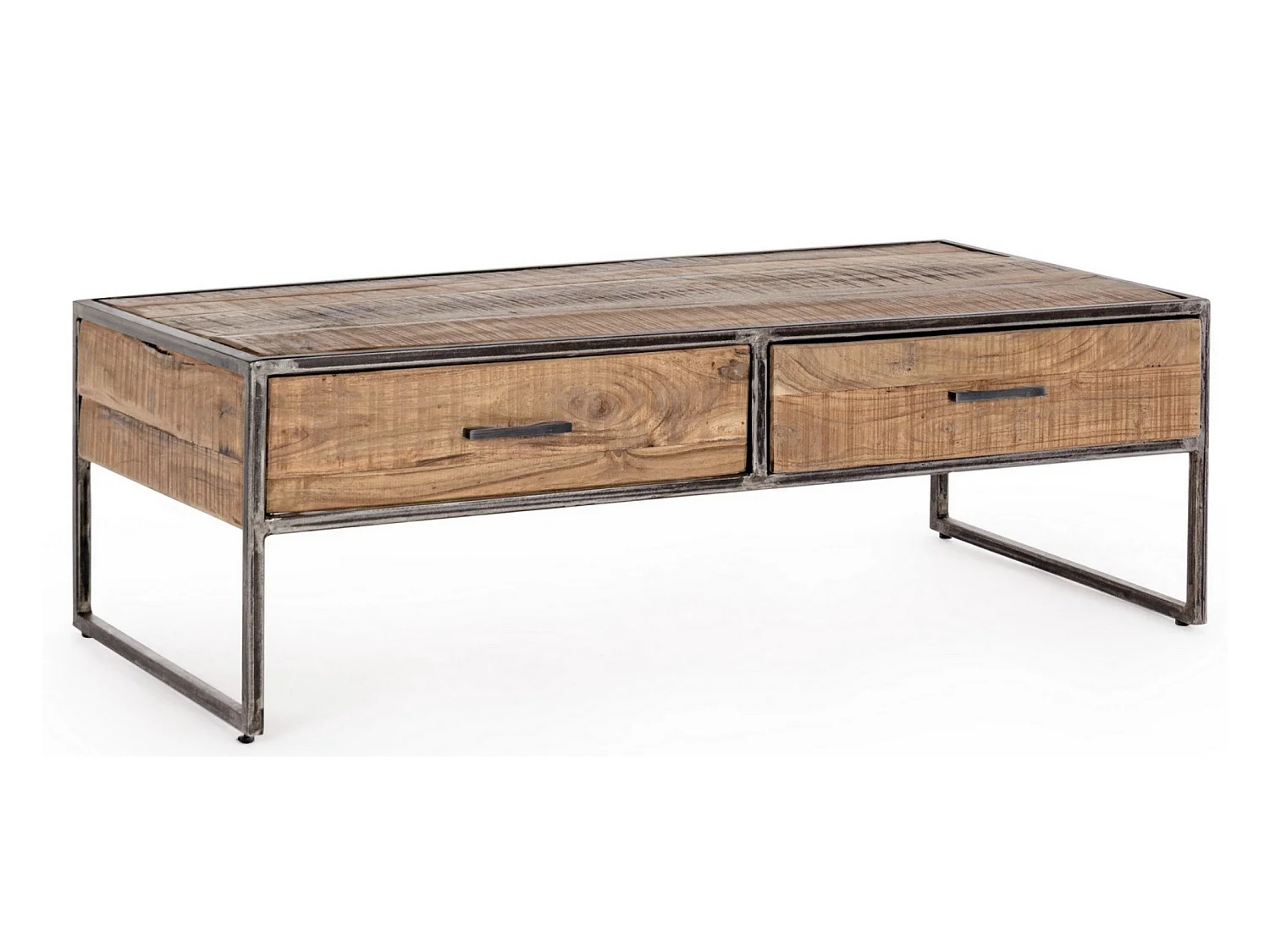 Table basse rectangulaire 2 tiroirs en bois d'acacia sur 2 pieds acier vieilli Kadone 120cm