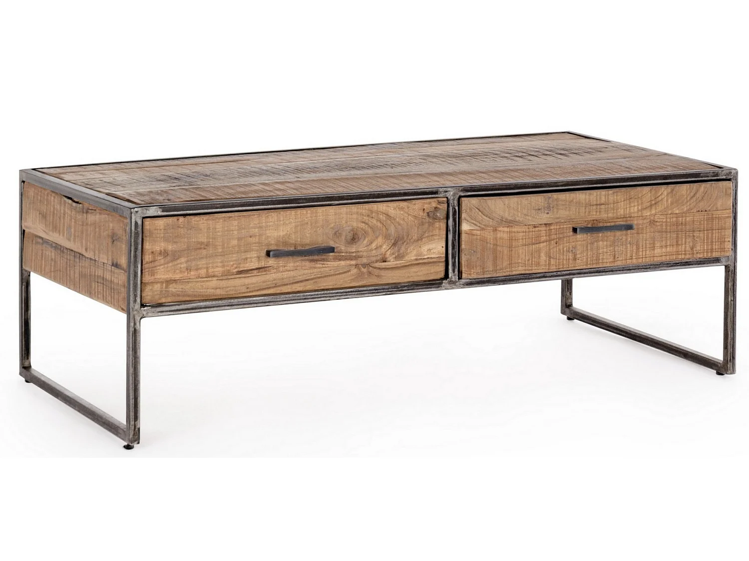 Table basse rectangulaire 2 tiroirs en bois d'acacia sur 2 pieds acier vieilli Kadone 120cm