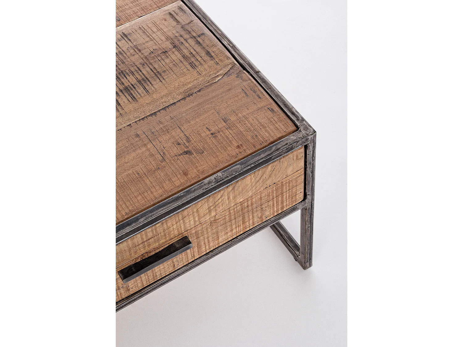 Table basse rectangulaire 2 tiroirs en bois d'acacia sur 2 pieds acier vieilli Kadone 120cm