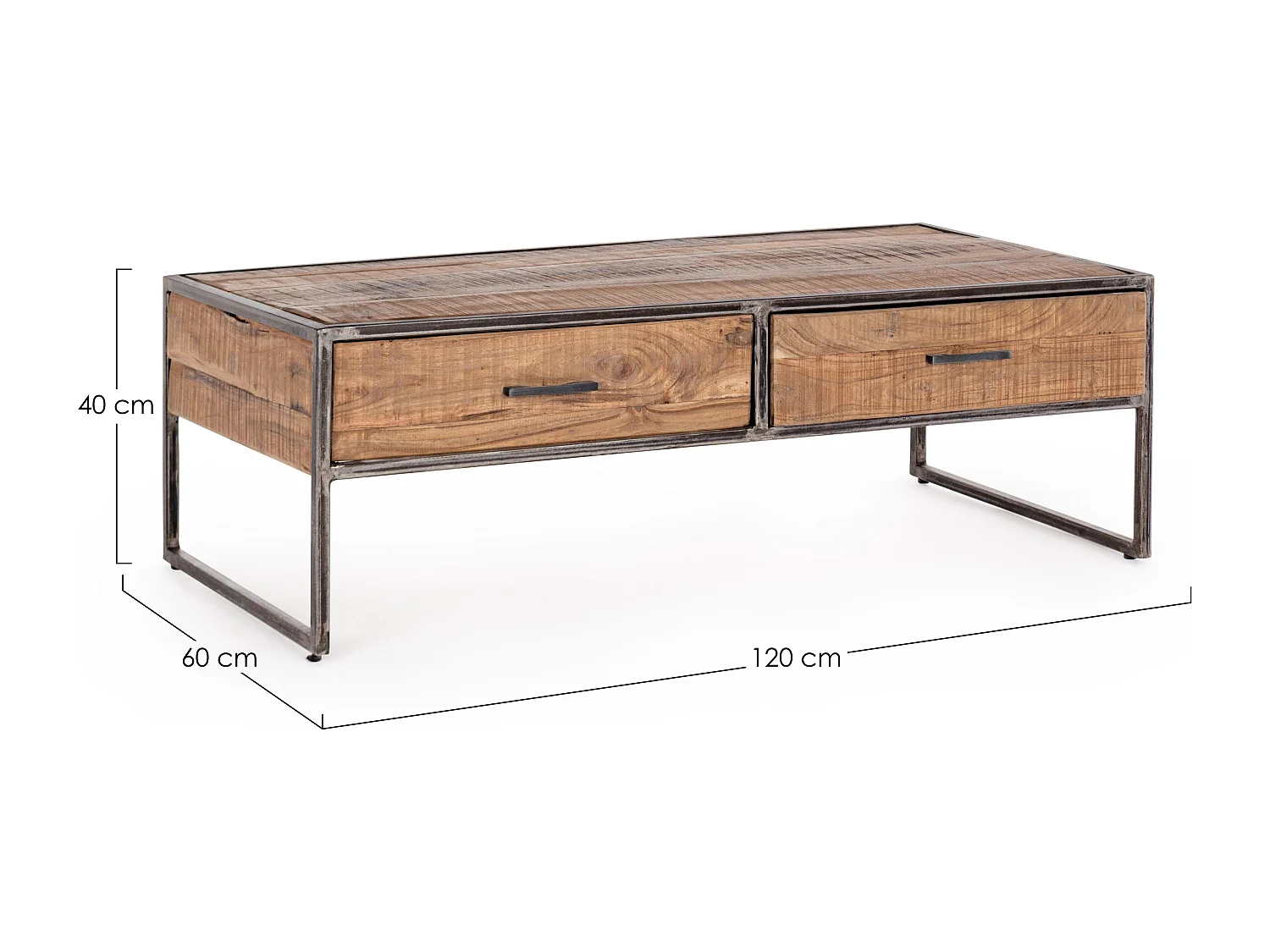 Table basse rectangulaire 2 tiroirs en bois d'acacia sur 2 pieds acier vieilli Kadone 120cm