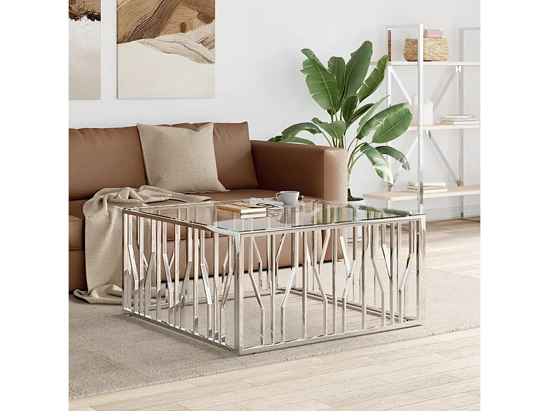 Table basse 100x100x50 acier inoxydable et verre